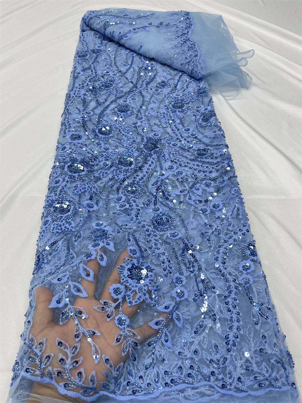 

High Quality Sky Blue African Sequins Lace Fabric Embroidery Luxury French Nigerian Beaded Mesh Lace Fabric Wedding Dress QF0573