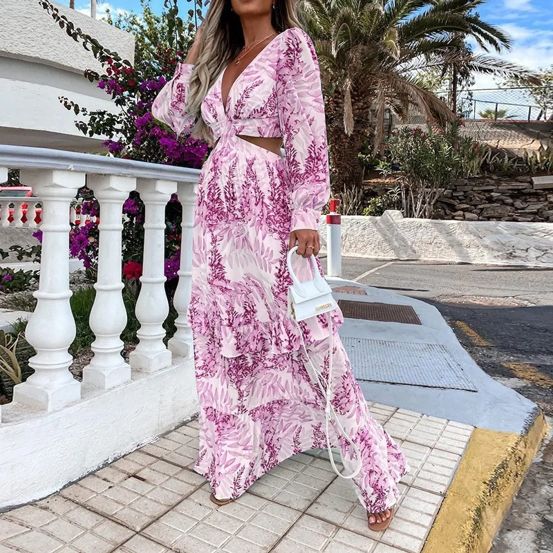 Autumn New Long Dress Fashion Print Sexy Deep V-neck Long Sleeved Dress Women\'s Elegant Hollow Out Ruffle Spliced Maxi Dress