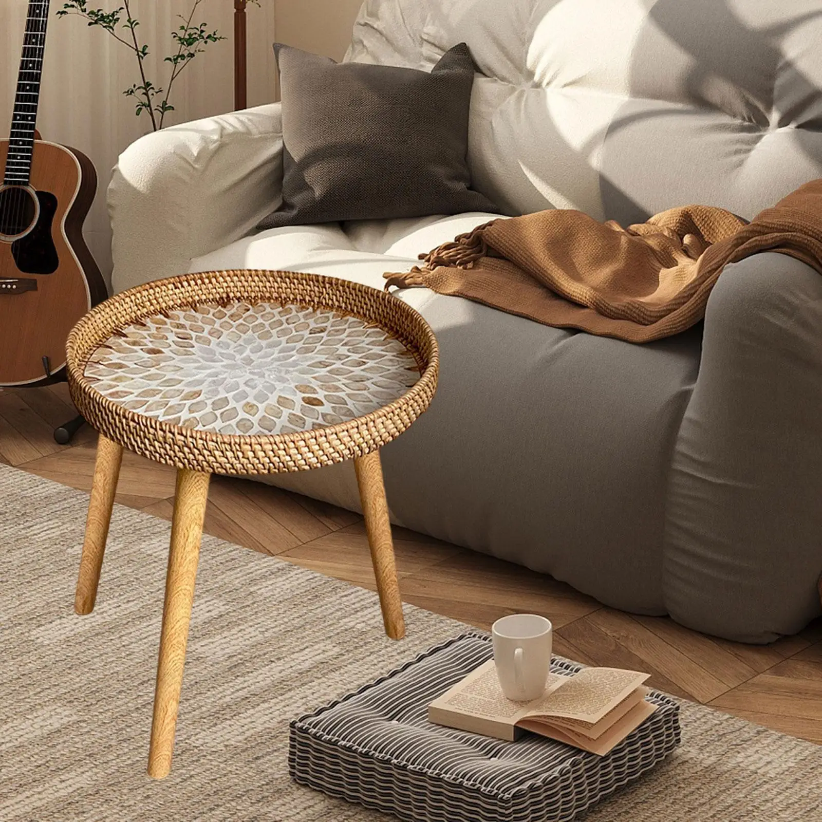 Rattan Side Table NightStand Holder Rack Bedside Table Modern End Table Plant Stand for Indoor Proch Garden Balcony Bedroom