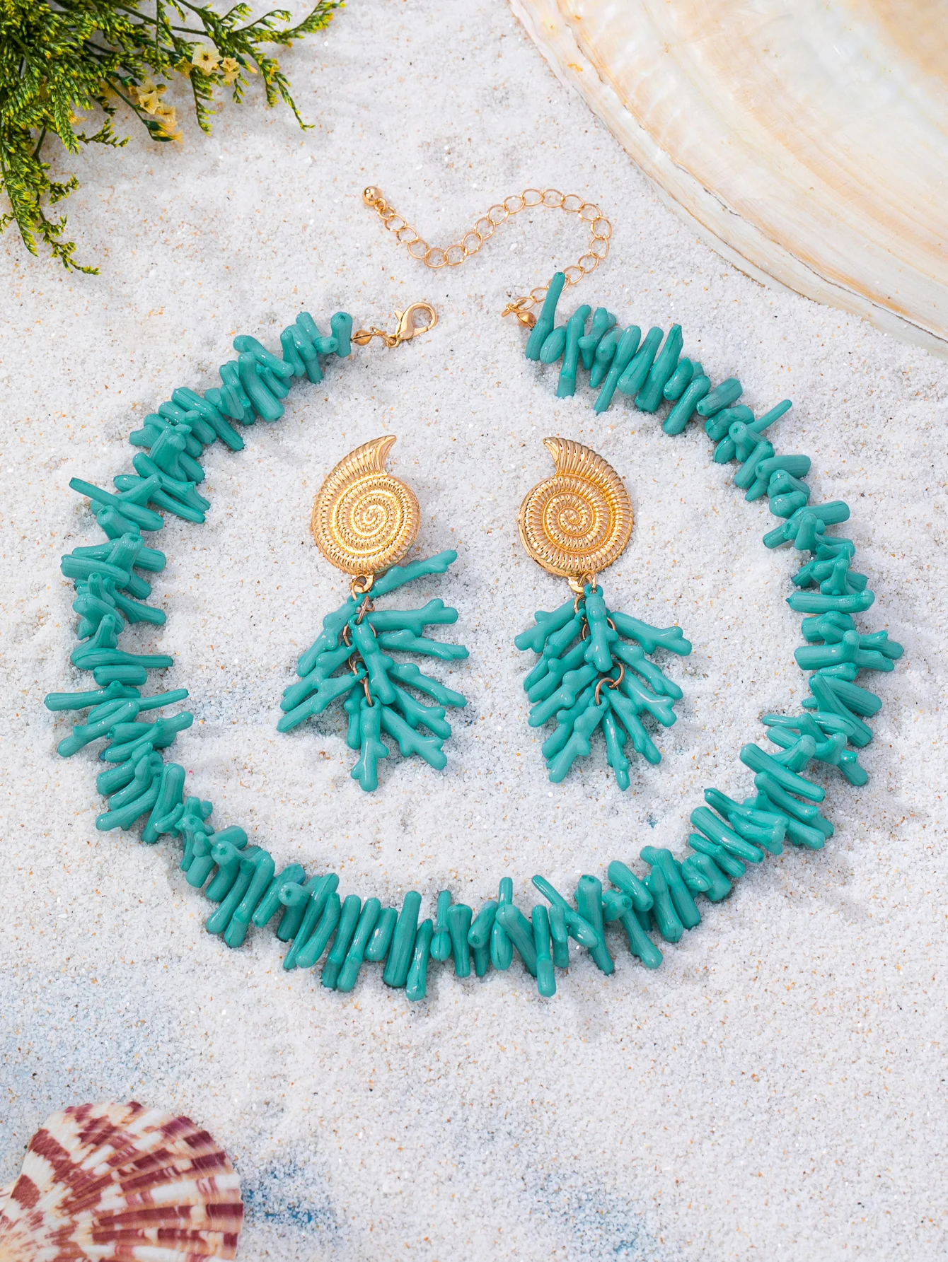 Vintage Bohemian Künstliches Korallenzweig-Schmuckset Unregelmäßige Korallenperlen-Halskette Lange Quasten-Ohrringe Damen Sommer Strand Urlaub Accessoires – Detail 6