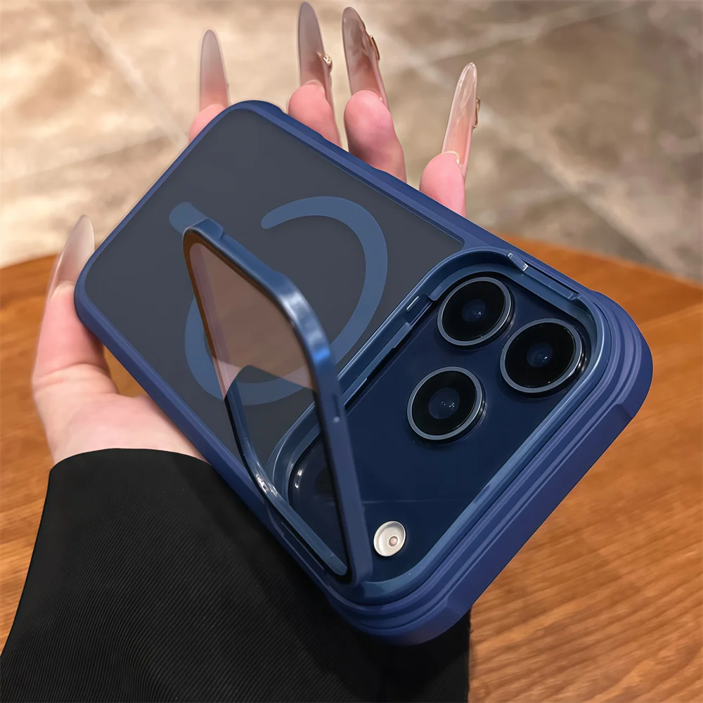 Volle Linse Flip Stand Für Magsafe Rüstung Magnetische Telefon Fall Für iPhone 17, 16, 15, 14, 13, 12, Pro Max Air Wireless Charge Matte Abdeckung