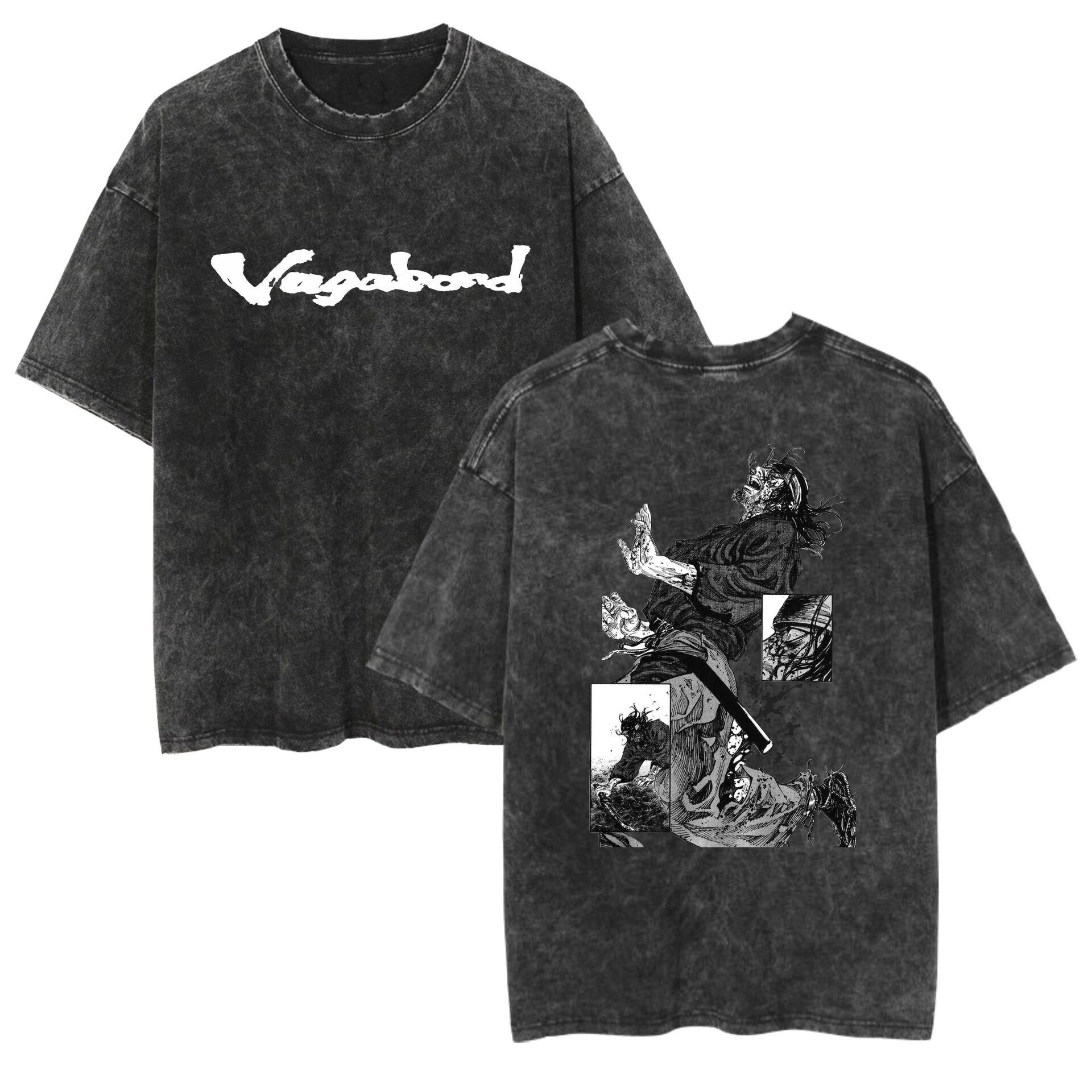 Y2k Wash T-shirt Anime Vagabond Miyamoto Musashi Casual Cotton Summer Short Sleeve Men and Women Pure Cotton Wide