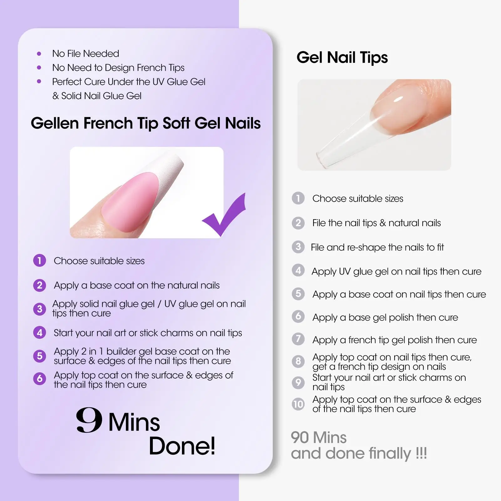 GELLEN French Tips Gel Nail Kit Short Square Press on Nails with UV Lamp Base Top Coat Glue Pink Artificial Nail Art Design