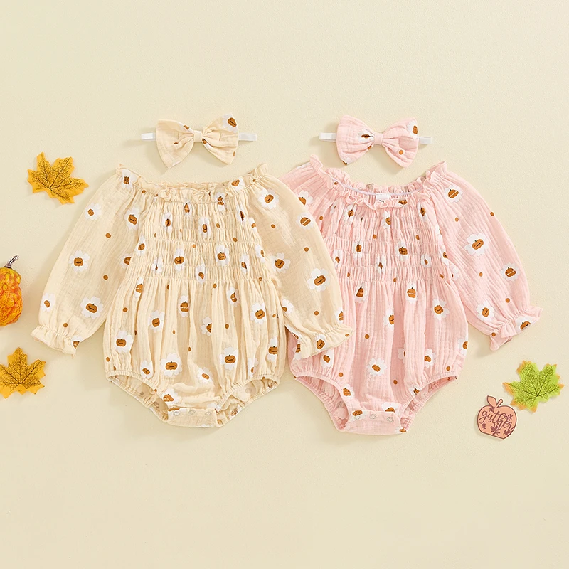 

Baby Girl Fall Pumpkin ​Flower Print Shirred Long Sleeve Romper Jumpsuit+ Headband Newborn Clothes