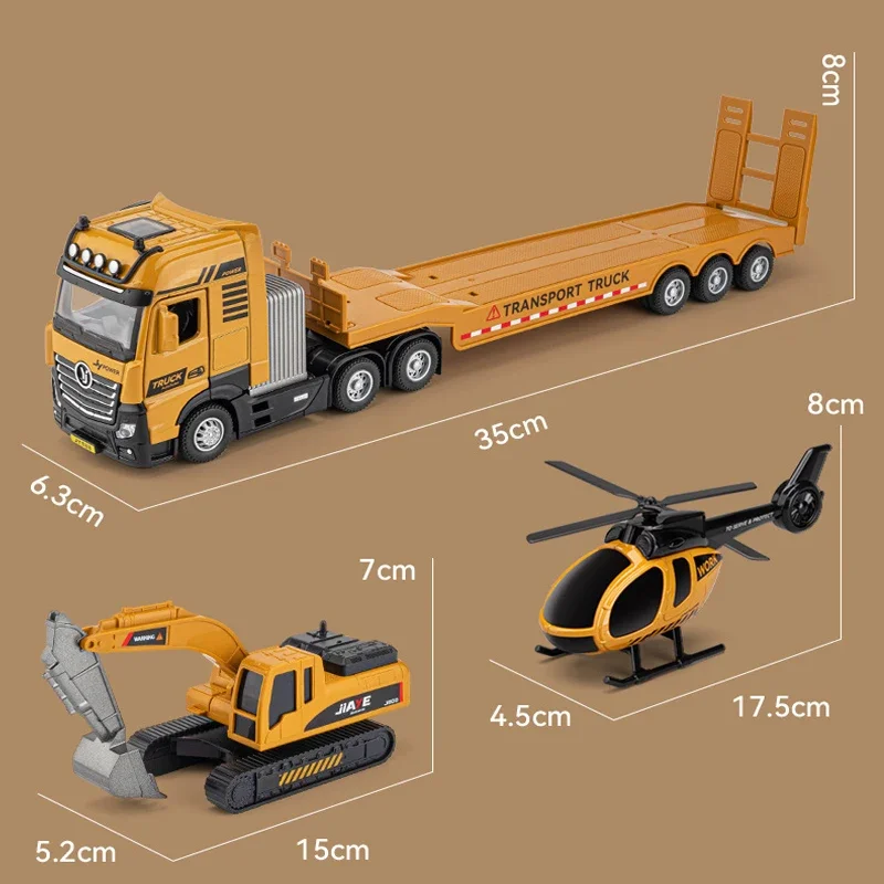 Simuação-Liga Engenharia Truck Toy Set para Meninos, Modelo De Reboque, Escavadeira, Carro De Polícia, Helicóptero, Diecast Veículo Presente, 1/50