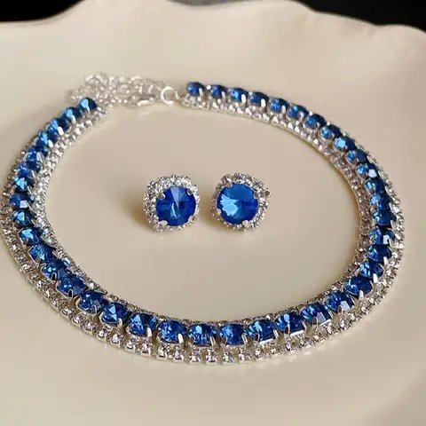 Vintage Crystal Necklace Retro Handmade Necklace Earrings Set Exquisite Luxury Rhinestone Choker Necklace Anniversary