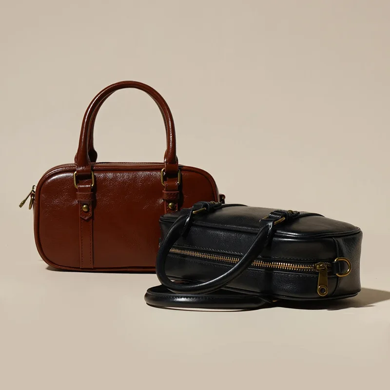 

New First-layerBowling Bag Retro Handbag Boston Bag One-shoulder Cross-body Handbag