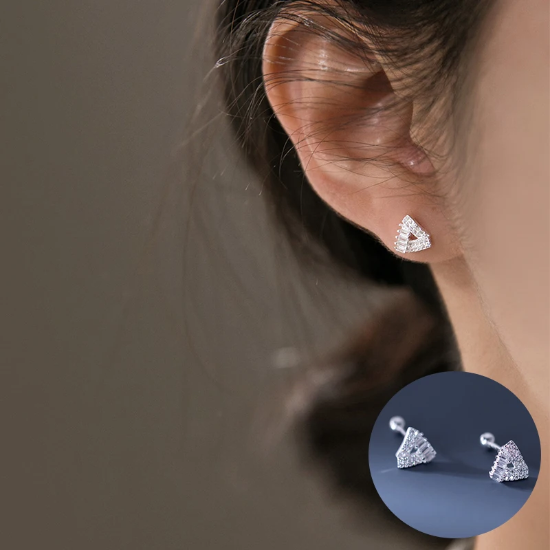 

100% 925 Sterling Silver Zircon Geometric Earrings for Women Girl Triangle Hollow Out Design Jewelry Party Gift Dropshipping
