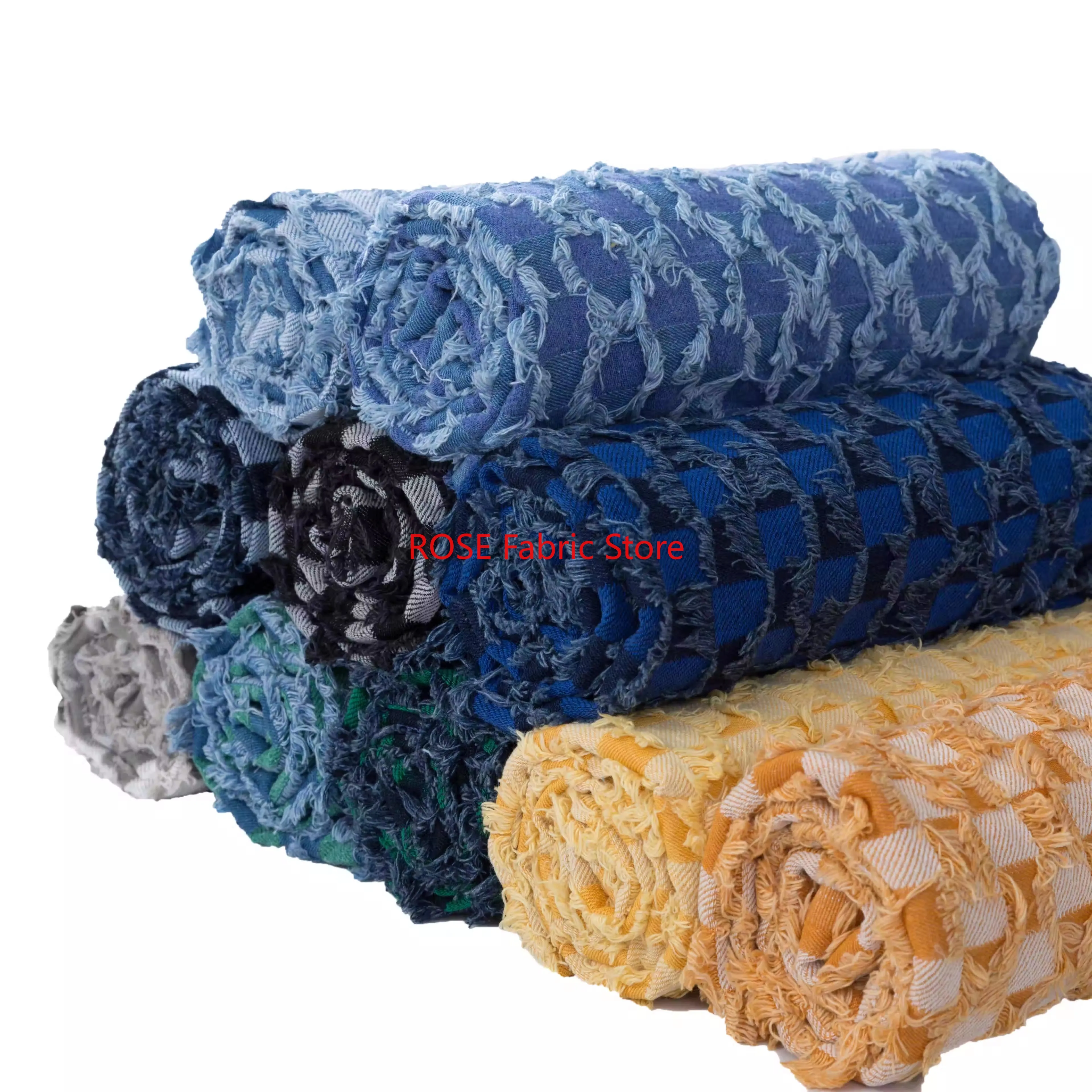 厚さ1メートルのタッセル付きコットンウォッシュド加工デニムチェック柄生地、DIY縫製ブレザーバッグ帽子用生地