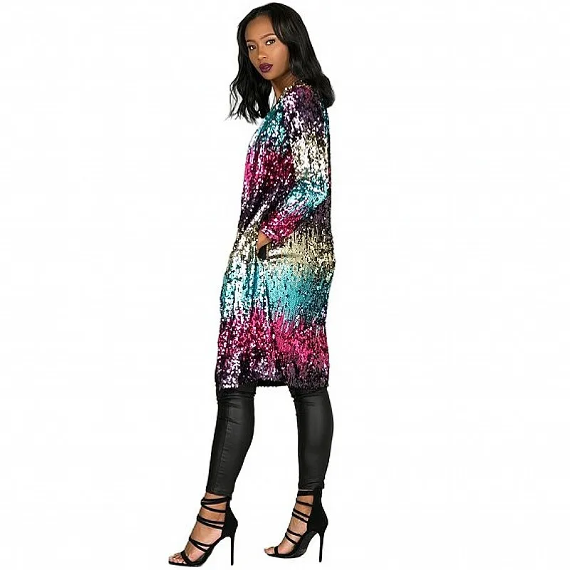 Women Sequin Jacket Mid Lenth Coat Baseball Round Collar Long Sleeve Open Stitch Loose Oversize Office Lady Casual 2025 Autumn