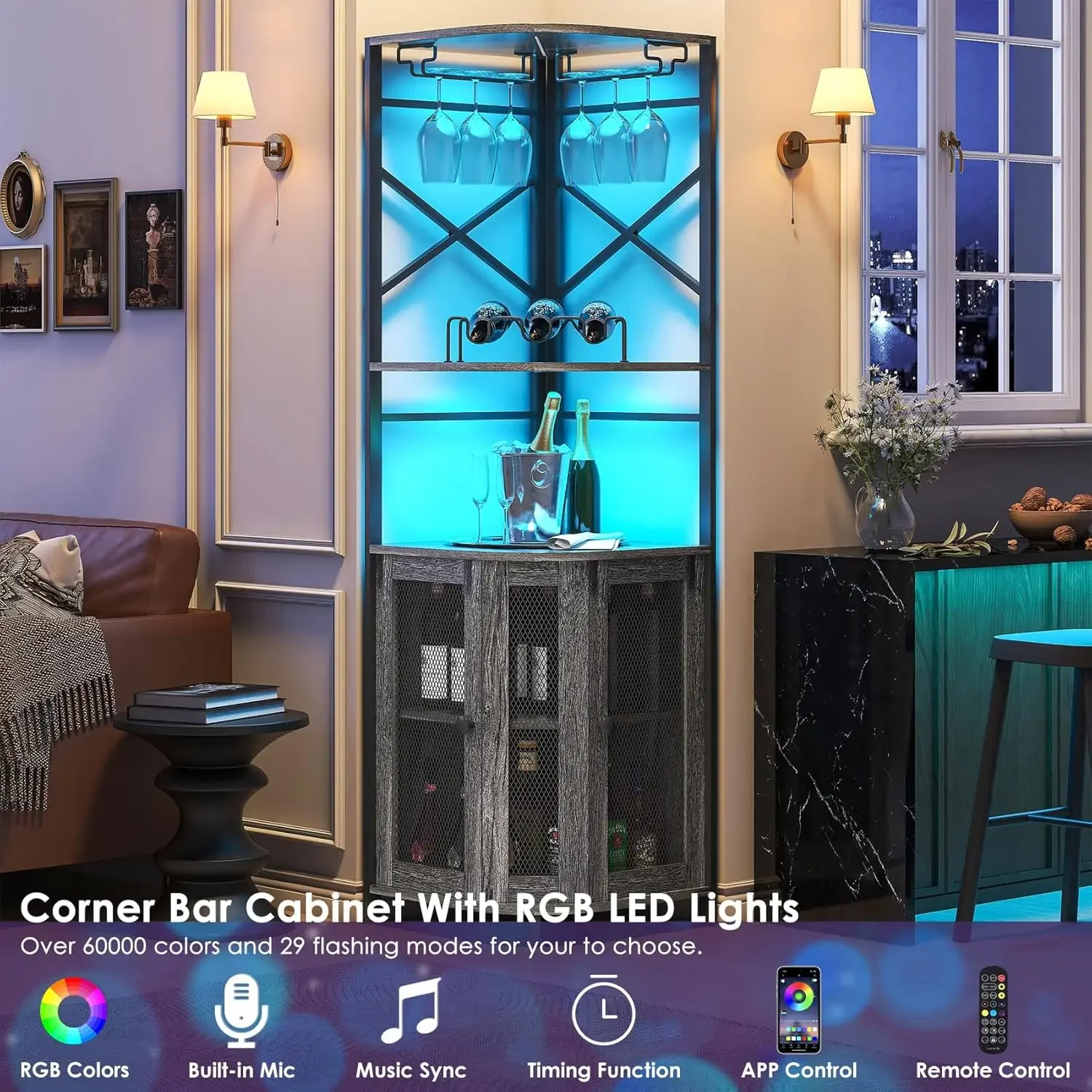 Corner Bar Cabinet With Power Outlet, 5-Tier Industrial Wine Cabinet With Led Strip And Glass Holder, Led Liquor Cabinet Bar