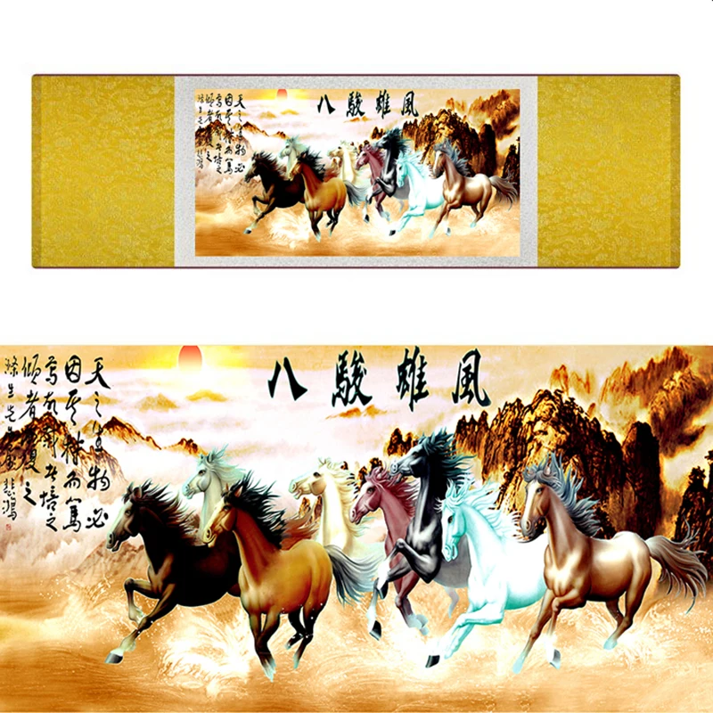 top quality Chinese Horse silk painting  Horse art painting Silk scroll art painting eight horse painting19062706