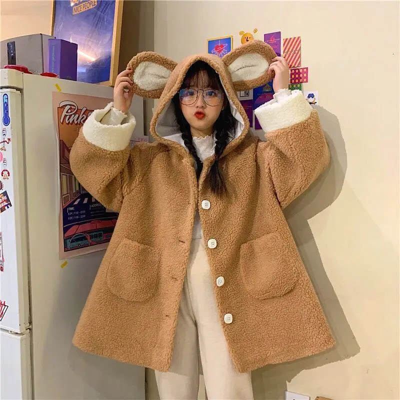 New Korean version of the soft girl student loose wild cute bear ears hooded imitation lamb hoodie female lolita cosplay clothes