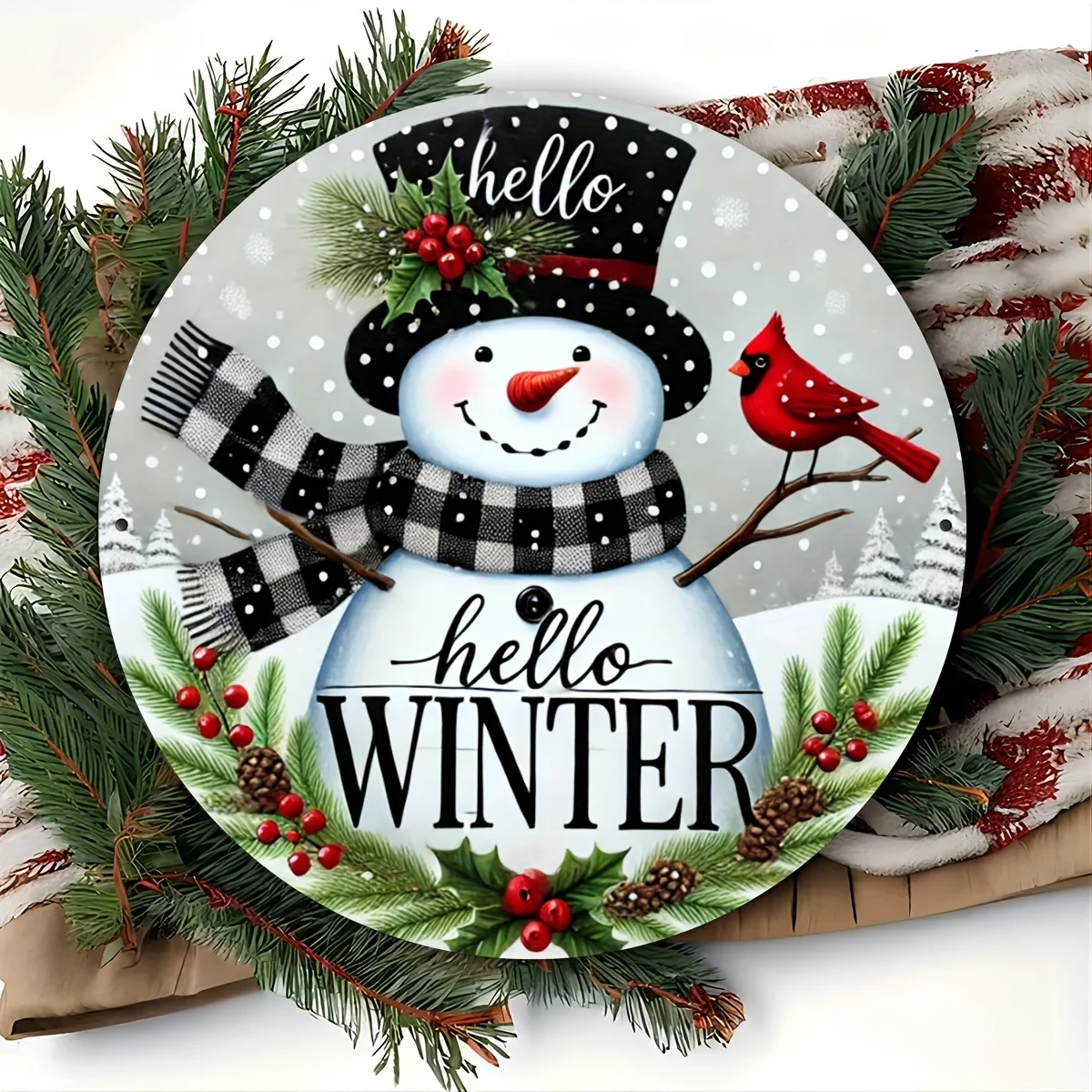 Winter Greetings Carved aluminum foil sign with Holly wreath center attachment, vintage metal tin plate for door, home