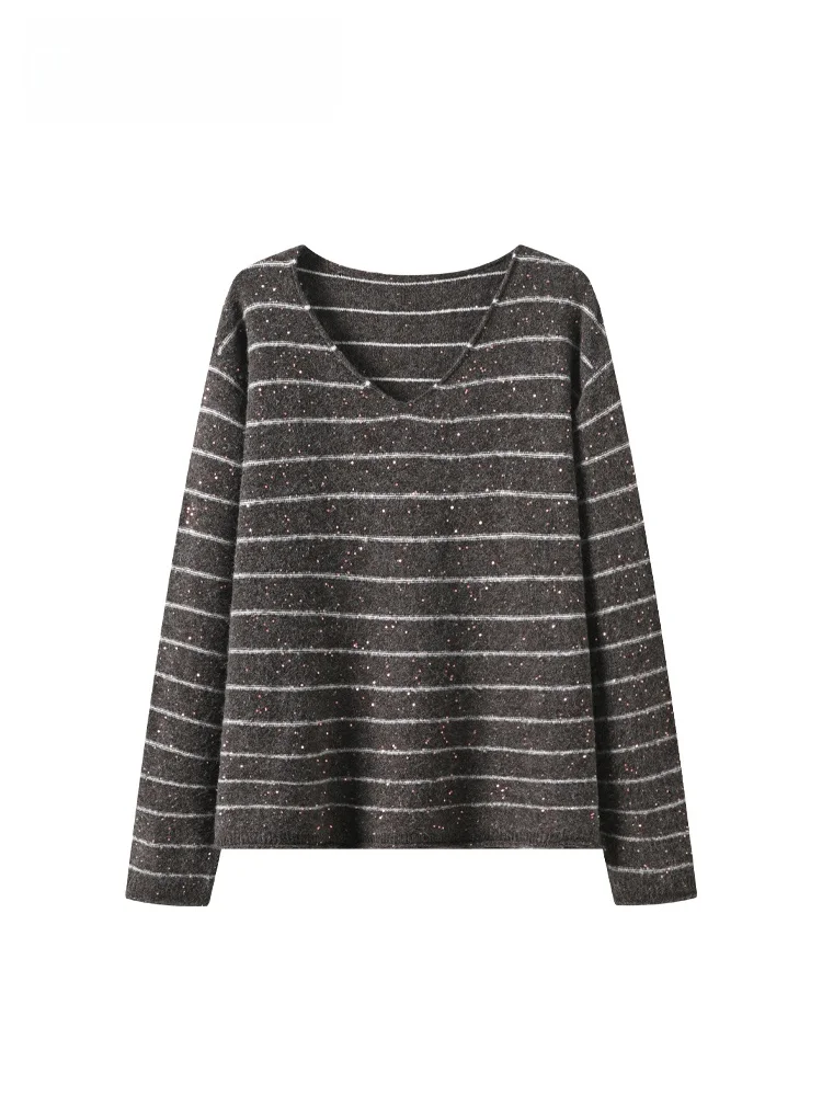 

plus Size Women's V-Ne Long Sve Knitwear Casual Striped Top Trendy Spring Faion Loose Fit Comfortable Polyester Fiber