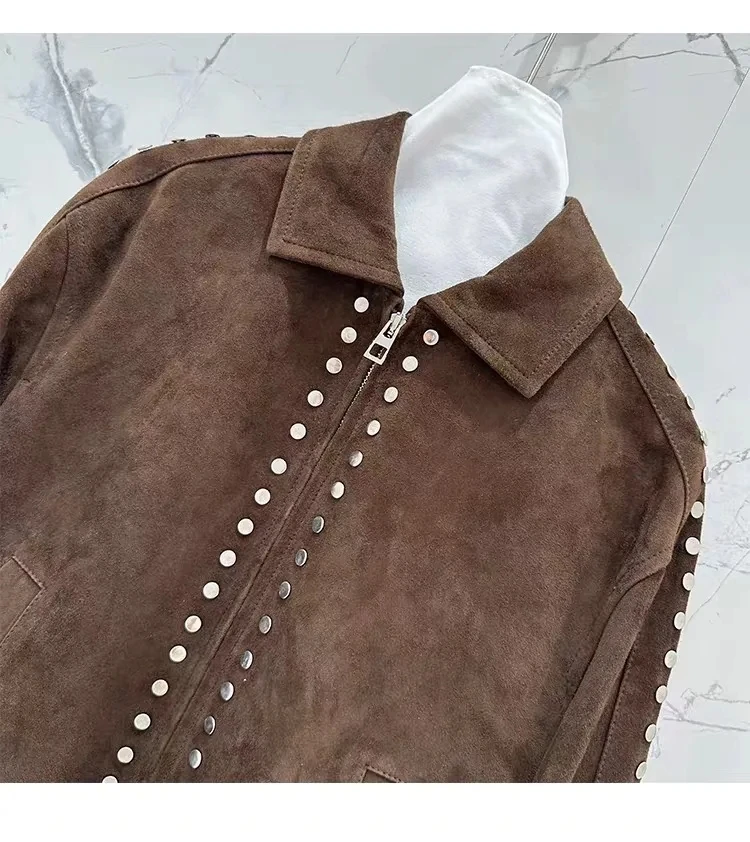 Vintage Women's Genuine Kid Suede Leather Jacket 2025 Rivet Stylish Coat Green Leather Bomber Jacket Baseball Uniform Mujer Ropa