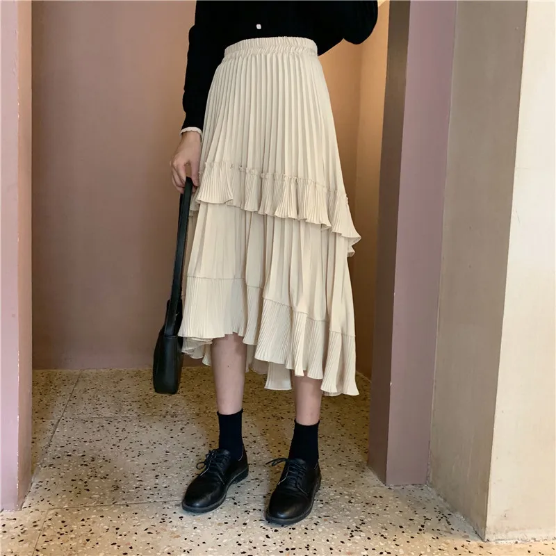 Long Skirts Womens Spring Summer Irregular Pleated Skirt Female Ruffle All-Match A-Line Skirt Faldas Jupe Femme