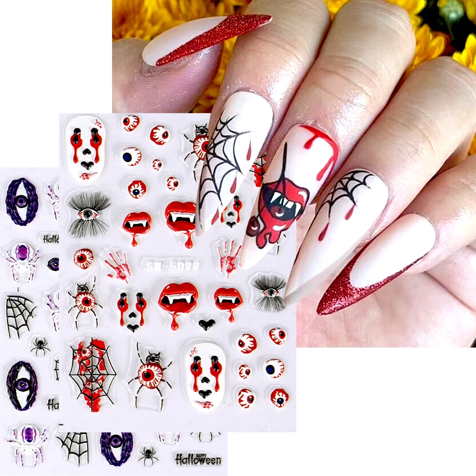 Autocollants 5D en Acrylique pour Ongles, Décalcomanies de Design, Halloween, Fantôme, Crâne, Gouttes de Sang, Jules, Araignée, Sorcière, Citrouille, Nail Art, Bricolage, Décoration de Manucure