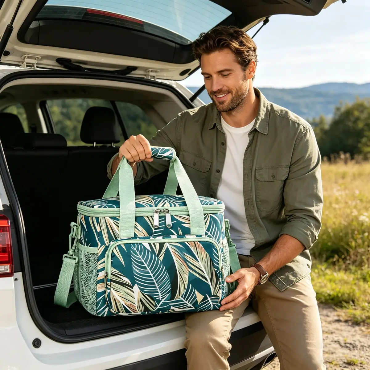Bolsa de picnic para hombre con estampado floral Leoport de gran capacidad, estilo americano, para coche, para bebidas y frutas, en oferta.