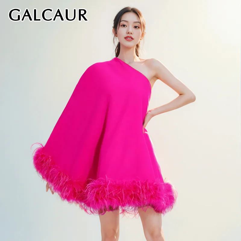 

GALCAUR Solid Patchwork Feathers Dresses For Women Diagonal Collar Long Sleeve High Waist Irregular Elegant Mini Dress Female