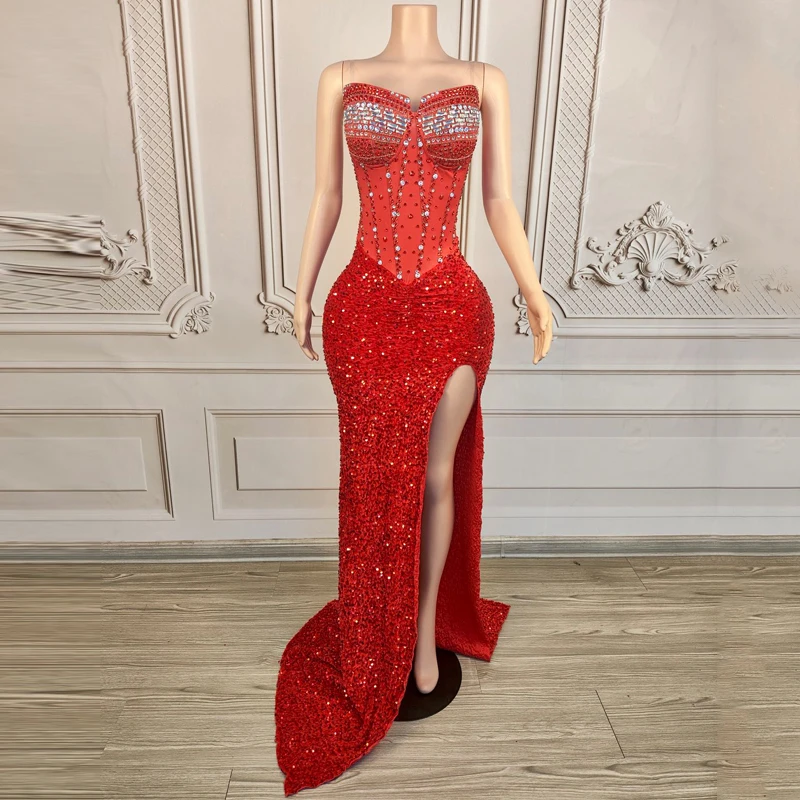 Red Sequins Rhinestones Celebrate Dress Women Singer Party Trailing Dresses Wedding Evening Gown Stage Catwalk Costume XS9530