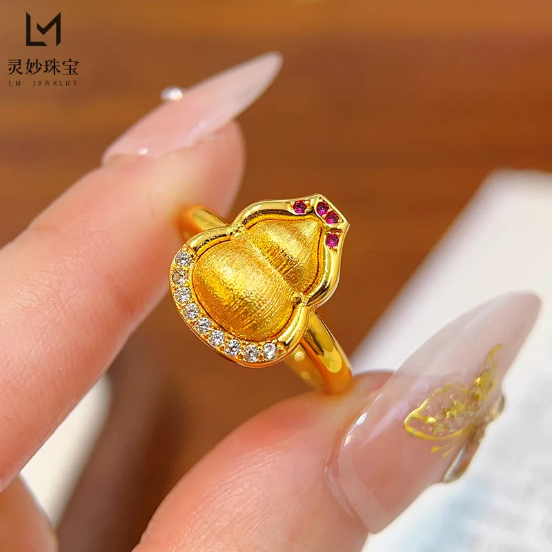

24K Gold Women's Gourd Ring | AU999 Pure Gold, 3D gourd, enamel vines, diamond - dotted, dainty & traditional
