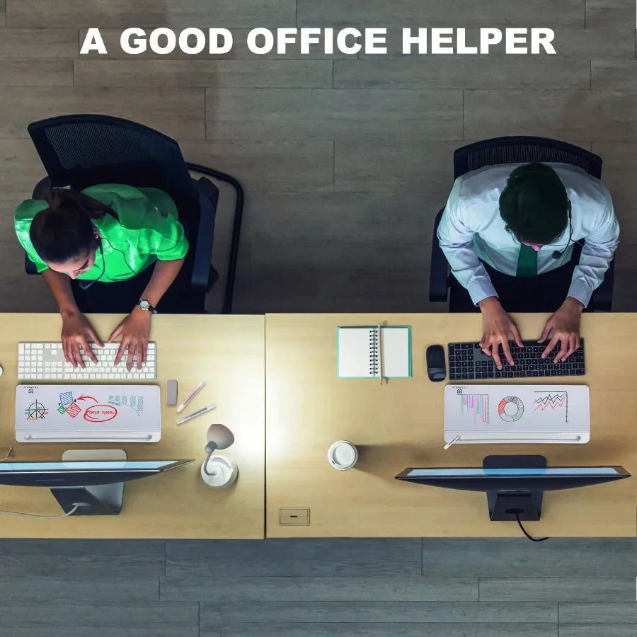 سبورة بيضاء صغيرة لسطح المكتب من الزجاج، لوحة مفاتيح للكمبيوتر، حامل لوحة مفاتيح بيضاء مع منظمات مكتب بأدراج مع أ