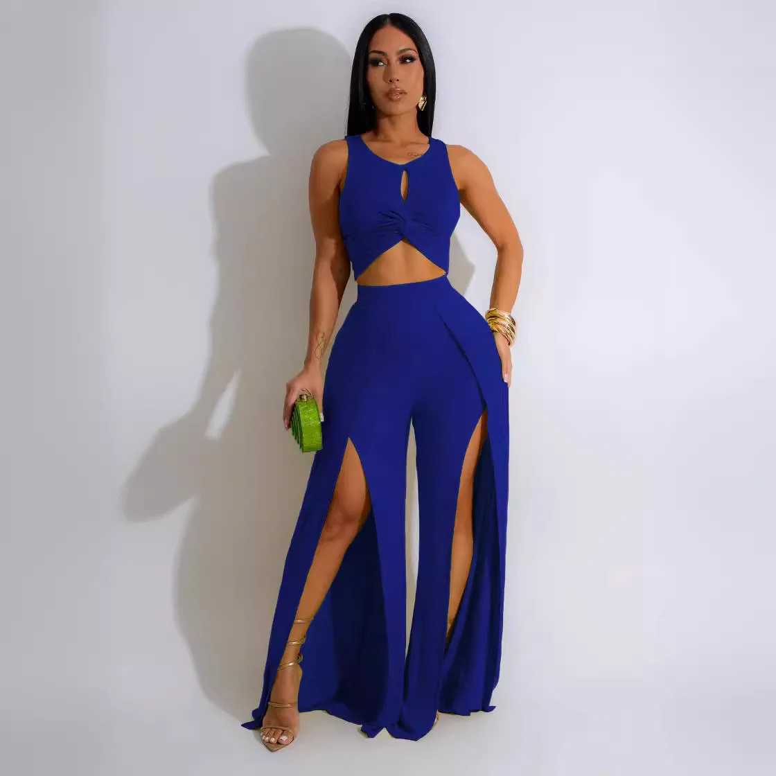 

Women's 2 Piece Outfit Sexy Crop Tank Top and High Split Wide Leg Pants Sets Elegant Vacation Jumpsuits Going Out Suit