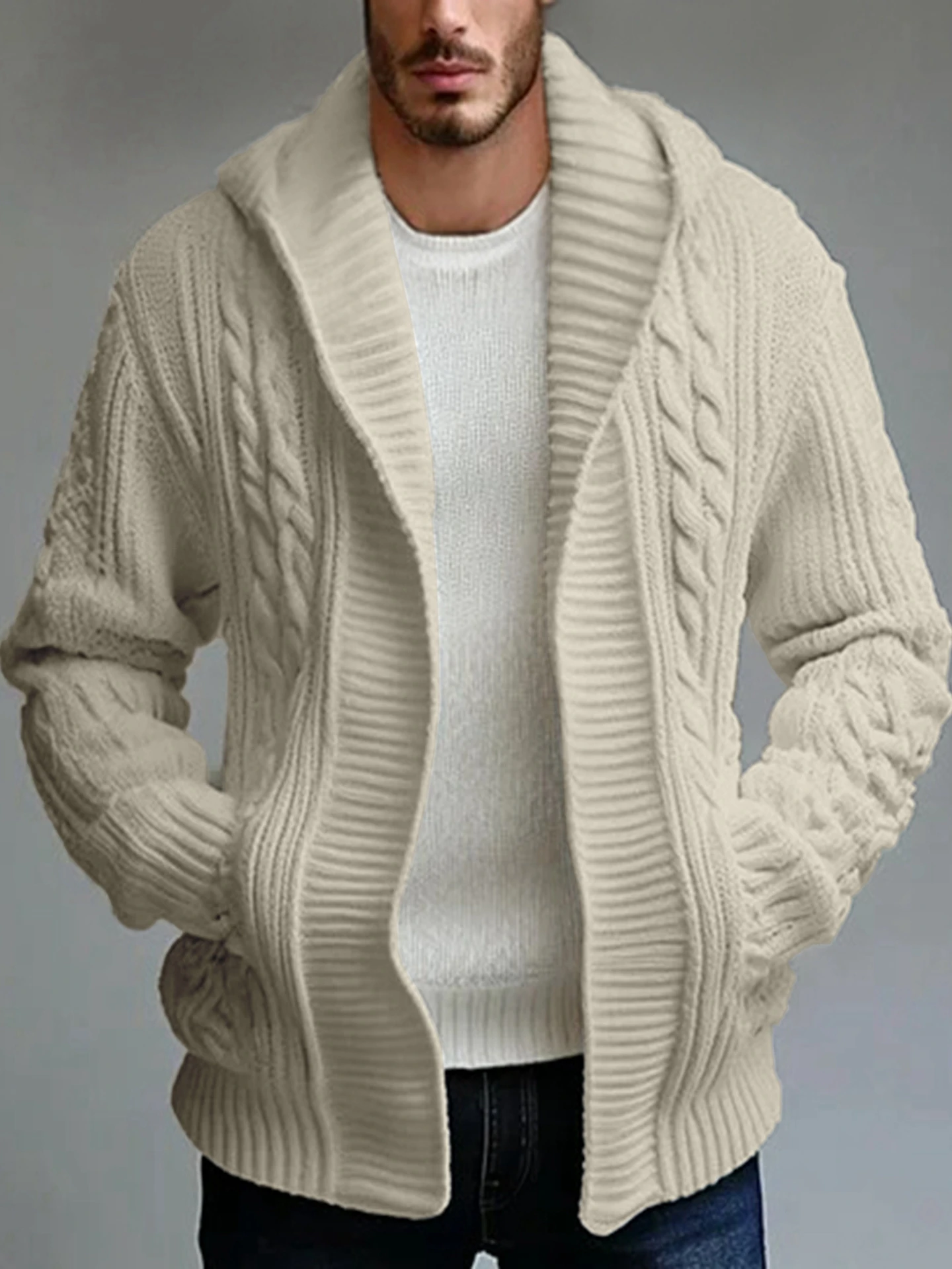 

Winter Hooded Knitted Cardigan Sweater Jaet Men's Faion Urban Sle Long Sve Busin Casual Pure Color Top