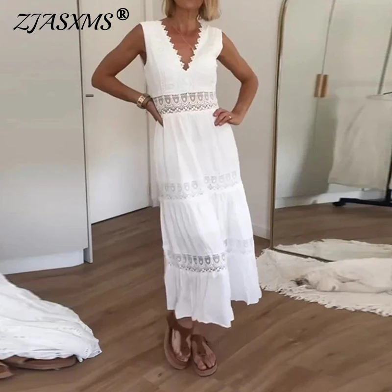 แฟชั่น Jacquard ลูกไม้ V คอชุดสตรีโครเชต์ Spliced Hollow Out เซ็กซี่ชุดเดรสฤดูร้อนเย็บปักถักร้อยพรหมชุด