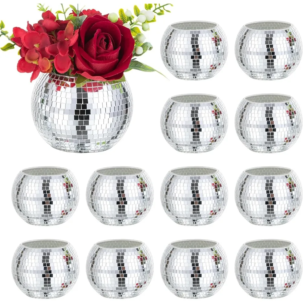 

Disco Ball Vase, 12 Pieces Silver Mirror Glass Flower Pot Containers, Bulk Disco Ball Bowl Candle Holders,