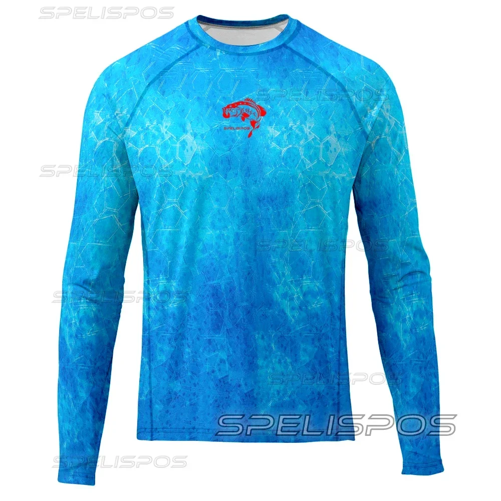 SPELISPOS Men Round Neck Fishing Jersey Hiking Tops Lightweight Thin Breathable Performance UPF 50+ Print Long Sleeve Shirt