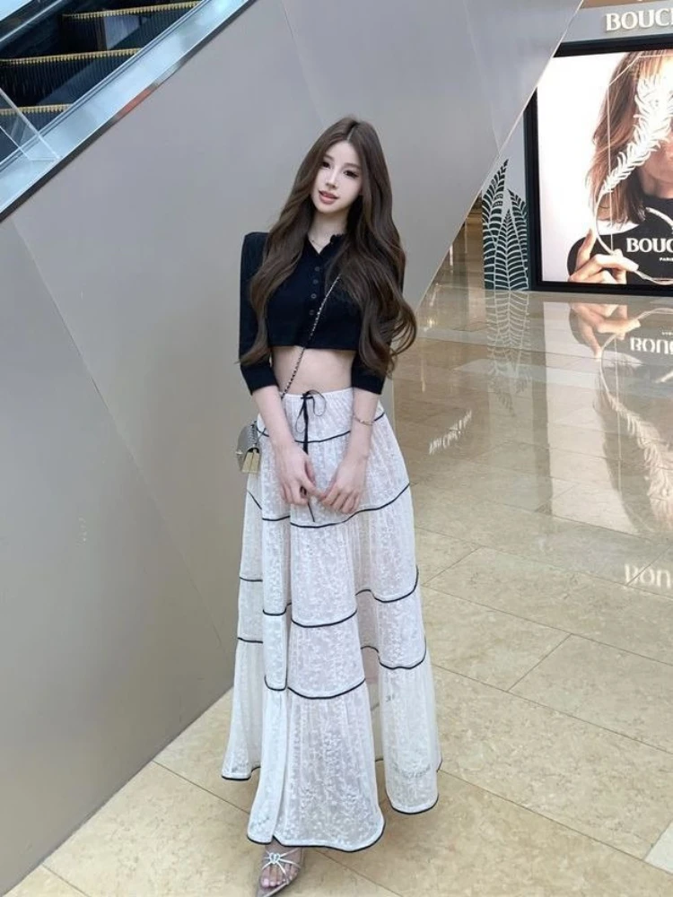 

Spring and summer elegant two-piece set women's solid color mid sleeved short top+high waisted lace heavy industry long skirt