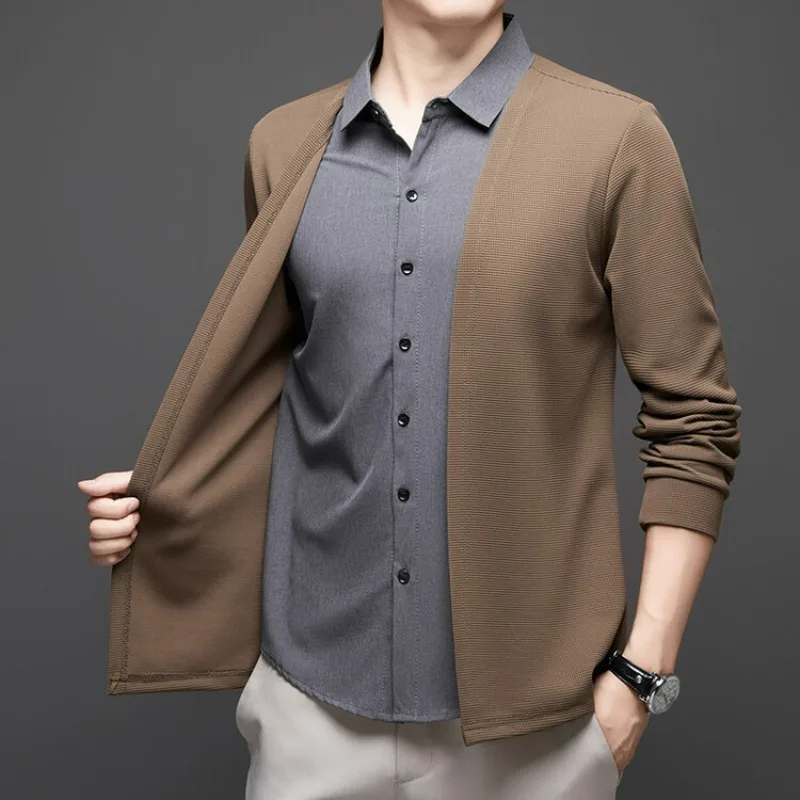 KIDWHXR Man Spring Autumn Shirts Business Casual Patchwork Single-breasted Men Tops Long Sleeve Male Fake Two-piece Cardigans
