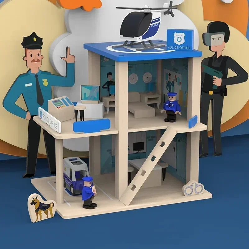 Holz Feuerwache Polizeistation Puppenhaus Hubschrauber Spielhaus Puzzle Interaktives hochwertiges Spielzeug Geburtstagsgeschenk