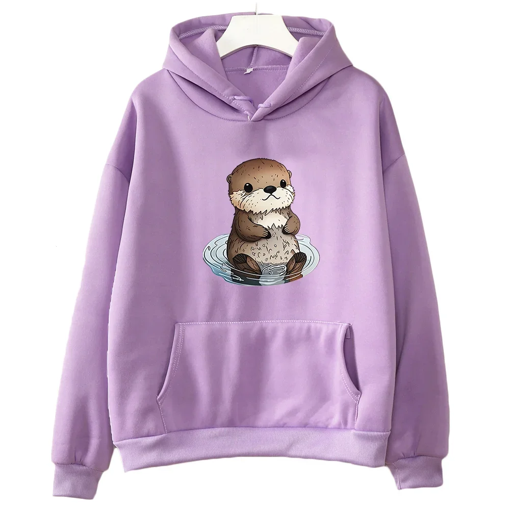 Otters Hoodie hewan Kawaii wanita/pria, Hoodie kartun grafis musim gugur modis longgar bulu domba Sweatwear reguler