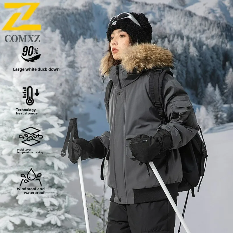高級メンズダウンジャケット毛皮の襟フード付き屋外スキー厚い暖かいパッド入りジャケットプレミアムキャンプ耐寒冬コート