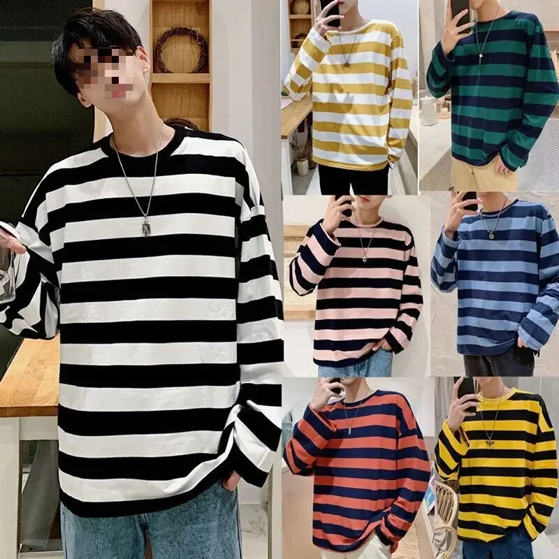 Men's Classic Simple Black and White Color Striped Printed T-Shirt Fashionable Pure Cotton Long Sleeved Casual O-Neck Sweater Lo