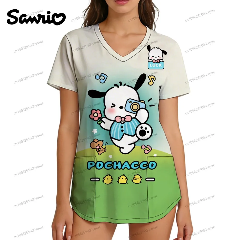 

Sanrio Character Anime Nurse Uniform Pochacco New in Tops & Tees Pocket V Neck 2026 Kawaii Women's T-shirt S-2XL Top Y2k Tshirts