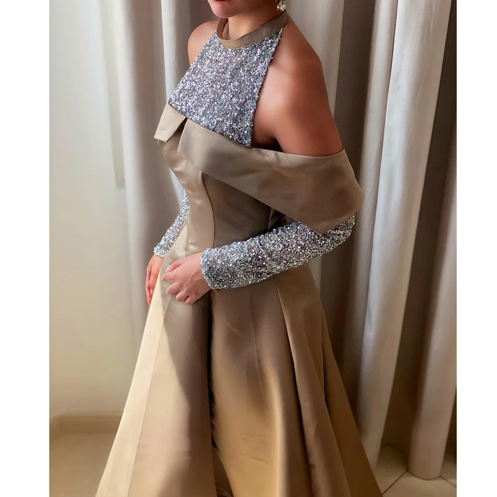 Customized Sexy Satin A-Line Off the Shoulder Crystal Evening Dress Temperament Floor Length Long Sleeves vestidos para mujer