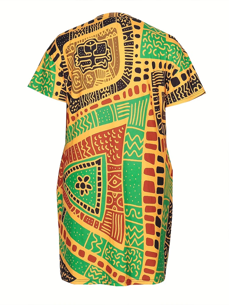 Plus Size African Printed V Neck Short Sleeve Casual Dress Oversized T Shirt Dresses Short Sleeve Best for Summer