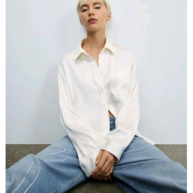 봄 신착 여성 캐주얼 실크 새틴 느낌 슬림 피트 스트레이트 레그 셔츠 품질 세련된 긴 소매 칼라 블라우스