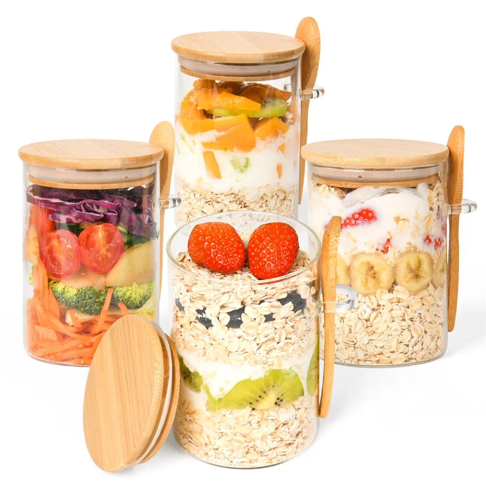 Recipientes para Avena Nocturna con Tapa, Paquete de 1/2/3/4, Frascos de Vidrio Herméticos de 16 oz con Cuchara para Pudín de Semillas de Chía, Ensalada, Cereal, Café, Té