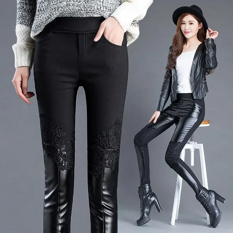 

Winter Fall Fashion Womens Lace Patchwork Stretch Fleece Thick Warm Pu Leather Pencil Pants , Woman Skinny 3xl Skinny Trousers