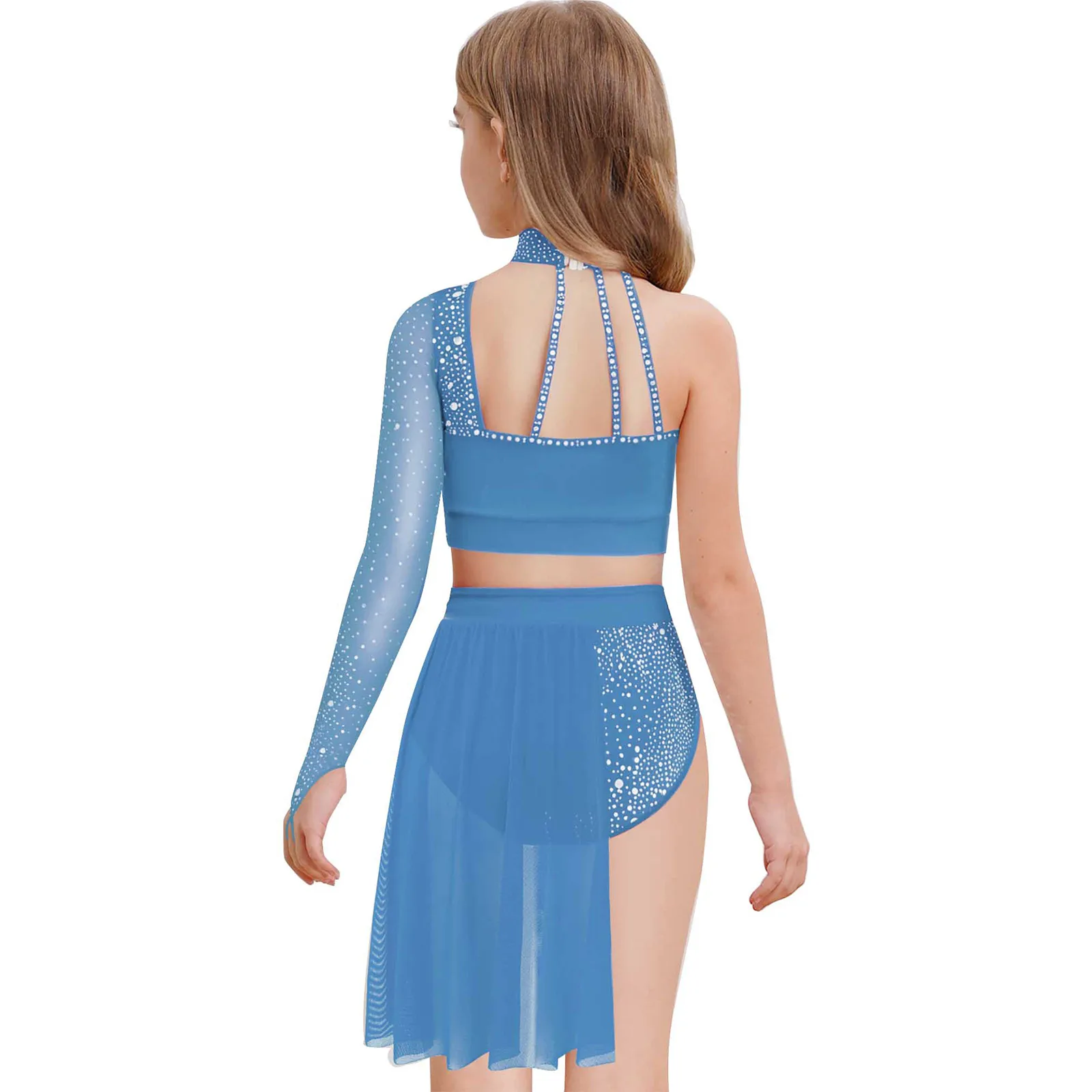 

Girls Modern Lyrical Dance Costume One Shoulder Rhinestone Crop Top with Skirts Ballet Gymnastics Skating Contemporary Dancewear