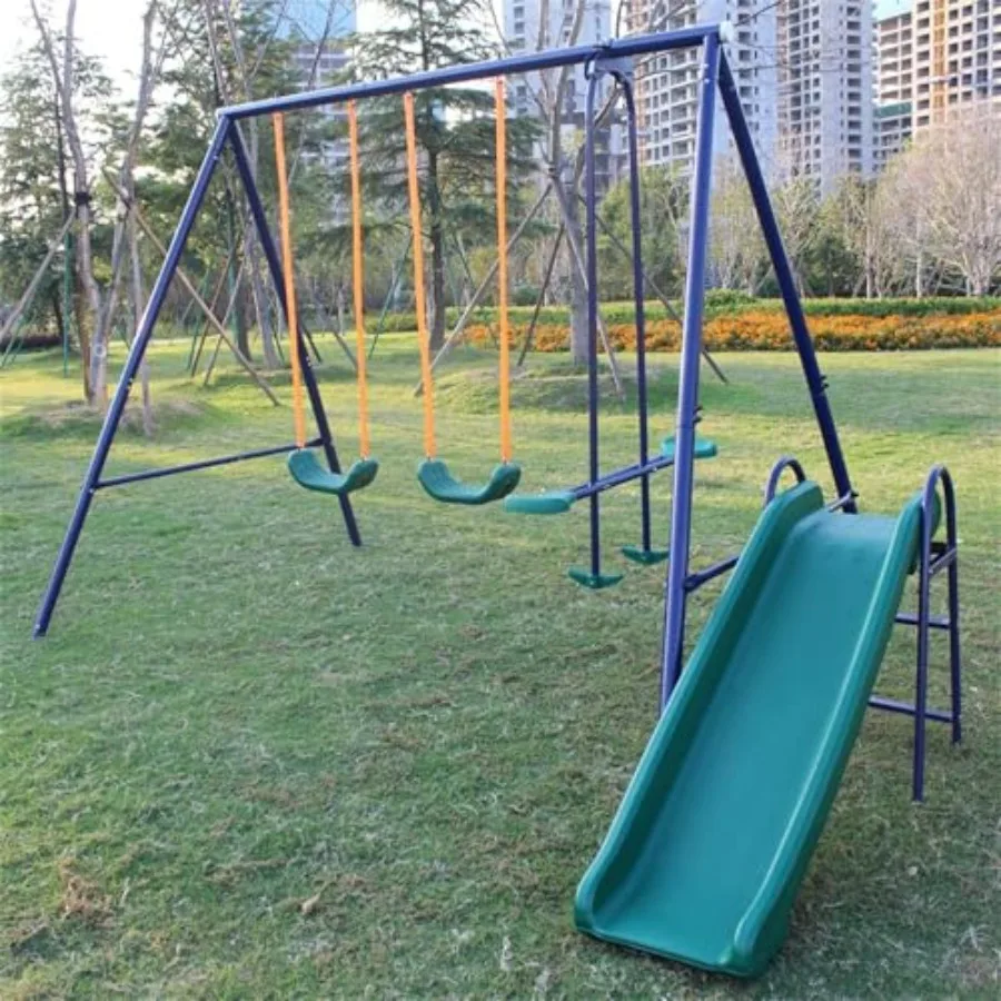 

Heavy Duty A-Frame Metal Swing Set with Slide 2 Weather-Resistant Seats Easy Assembly Perfect for Ages 3-8