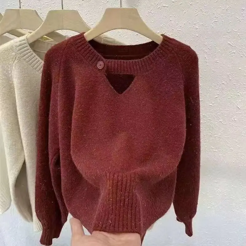 Fashion Hollow Out Button All-match Knitted Sweater Female Clothing 2023 Autumn Winter New Korean Pullovers Casual Tops