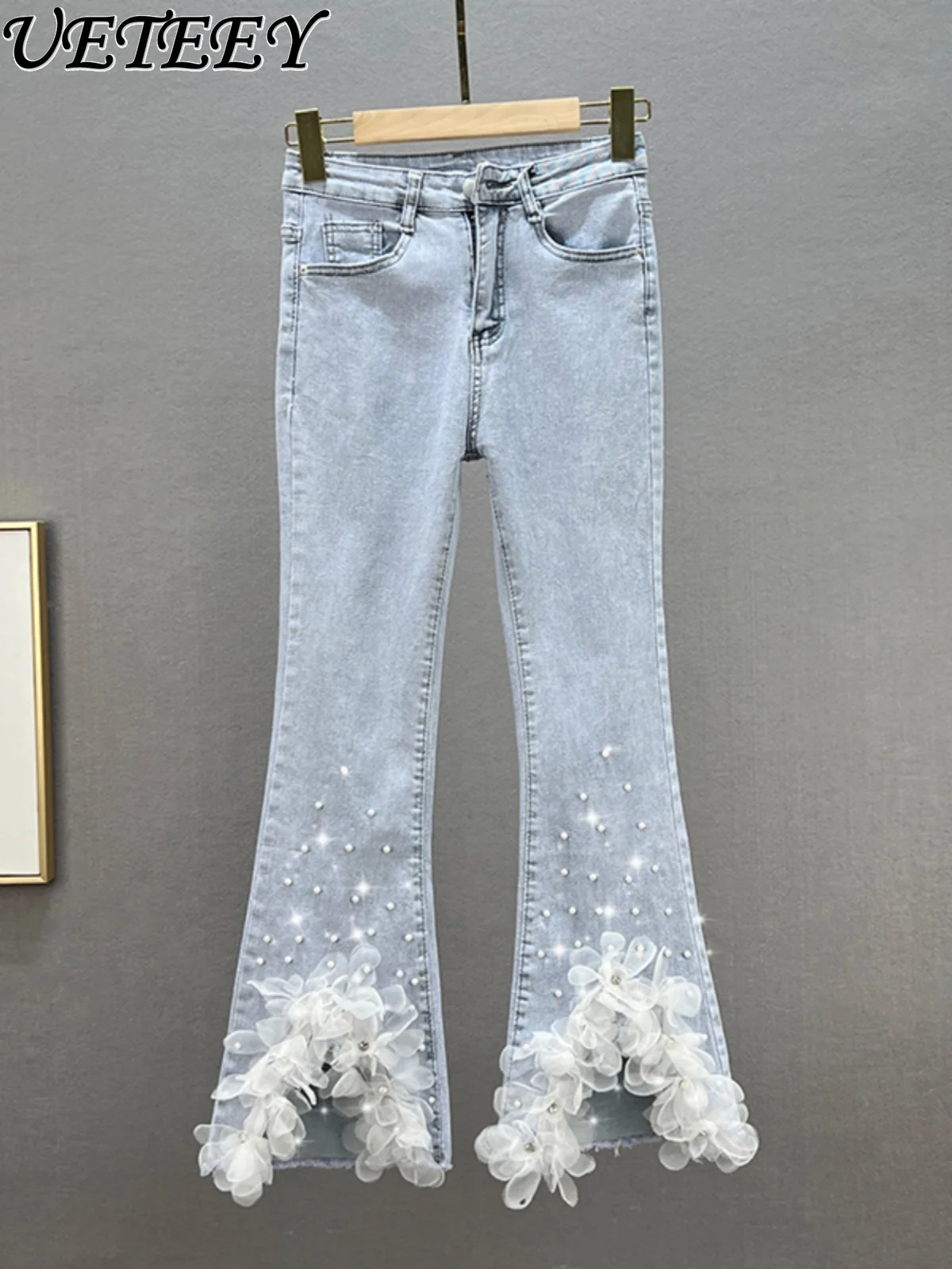 

Chic Beaded Sweet Flower Jeans Women Tide 2025 New Spring Summer High Waist Slimming Elastic Split-ended Flared Pants Trousers