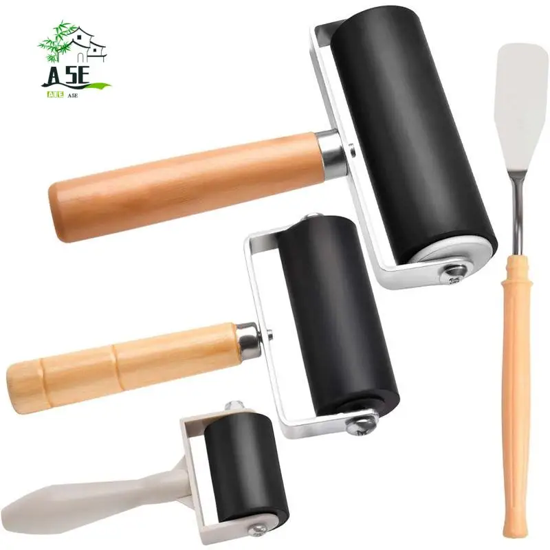 

A05E-Rubber Brayer Rollers For Crafting,3 Size 1.4/2.4/4-Inch Art Craft Roller With Scraper Ink Applicator Oil Painting Tools