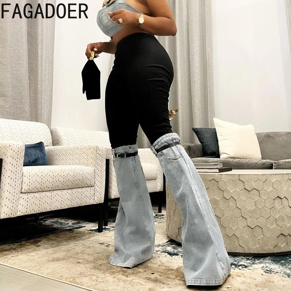 FAGADOER Vintage Fashion Patchwork Denim Flared Pants Women High Waist Elastic Skinny Trousers Casual Female Bottoms Streetwear